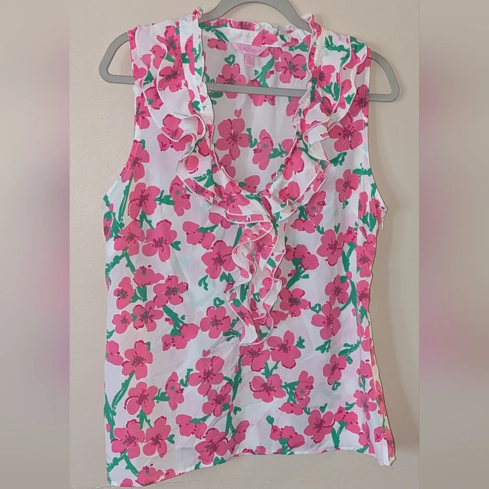 Lilly Pulitzer Pink Floral Ruffle Blouse - Picture 3 of 7
